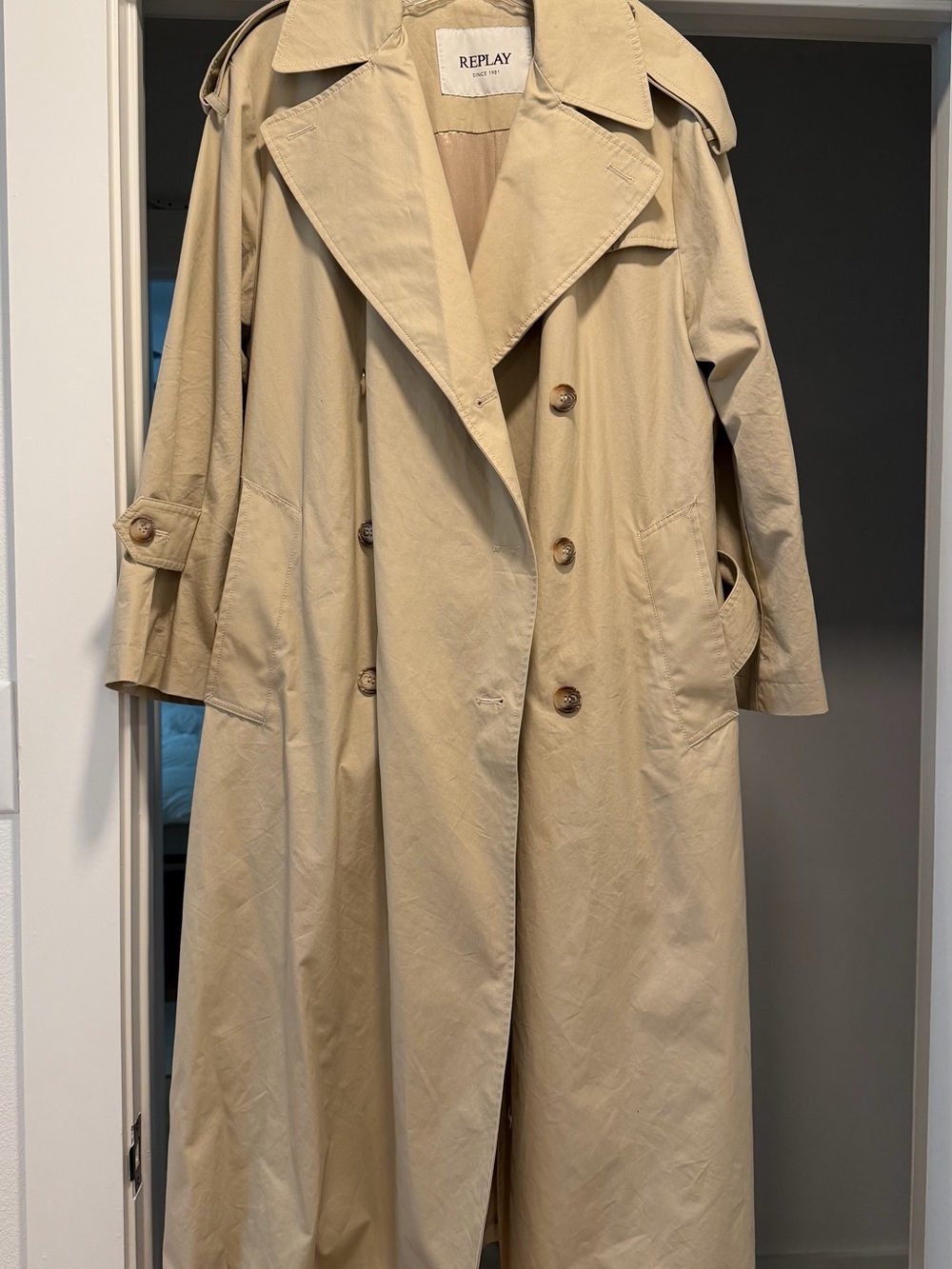 Replay Long Beige Double-Breasted Trench Coat